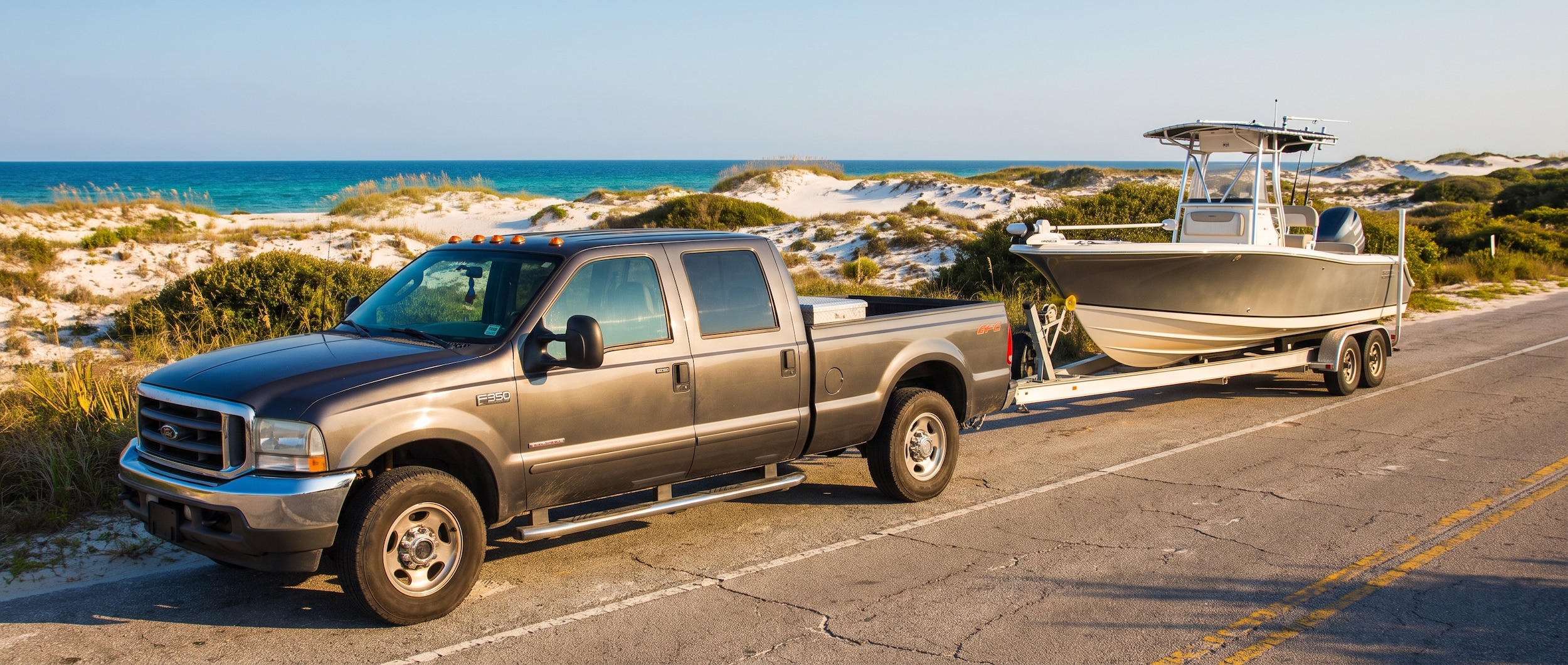 A used Ford F-350 Super Duty pickup in dark metallic gray hitched to a center-console boat trailer on a sun-drenched Florida Panhandle road, sugar-white sand dunes and coastal scrub visible in the background, summer afternoon light