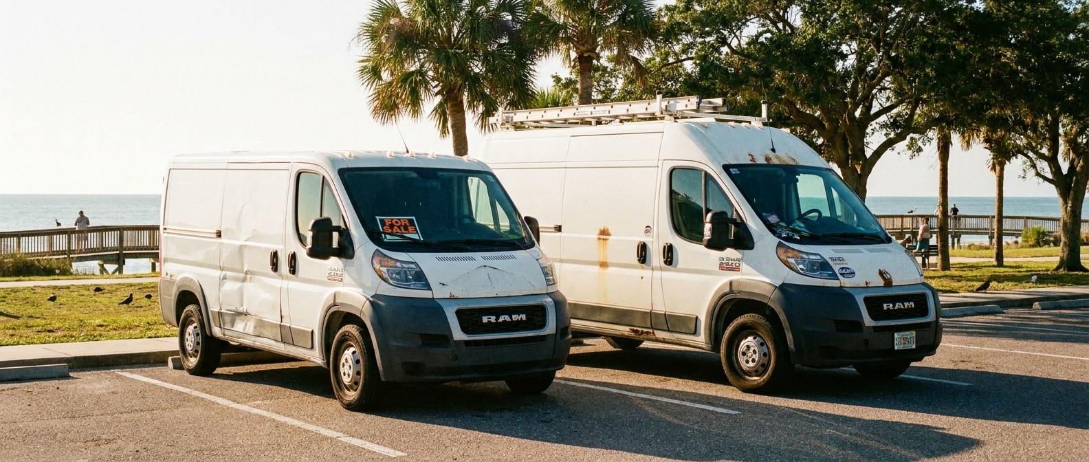 Used Ram ProMaster 1500 and 2500 cargo vans parked side by side at a Bay County, Florida work site
