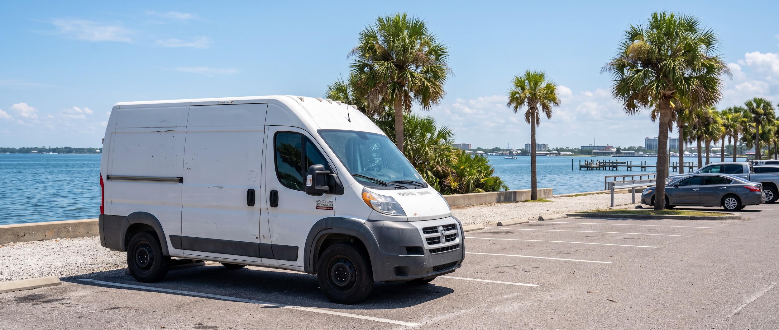 A used Ram ProMaster 2500 high-roof cargo van parked in a waterfront lot with palm trees and calm bay water visible in the background, Panama City Florida, sunny August afternoon