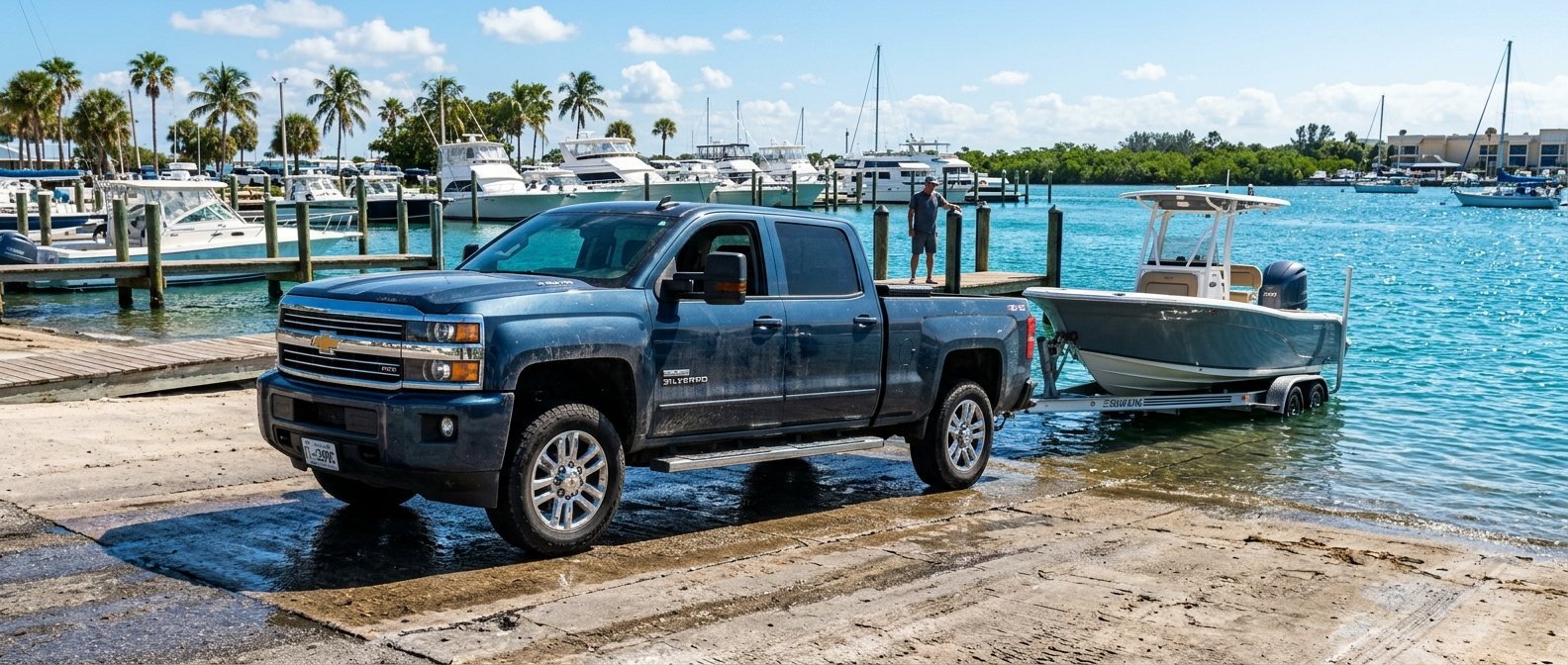 Used Chevrolet Silverado 2500 HD backed up to a Panama City boat ramp on a clear Gulf Coast day