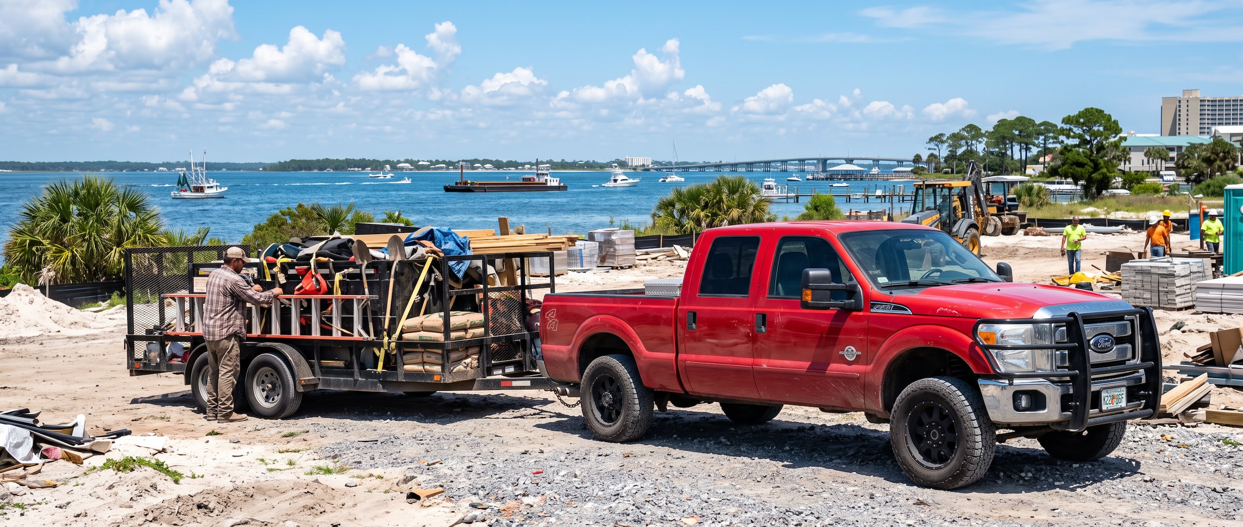 A used heavy-duty pickup crew cab truck hitched to a loaded utility trailer near a Gulf Coast job site in Panama City, FL, on a bright August morning with St. Andrews Bay in the background