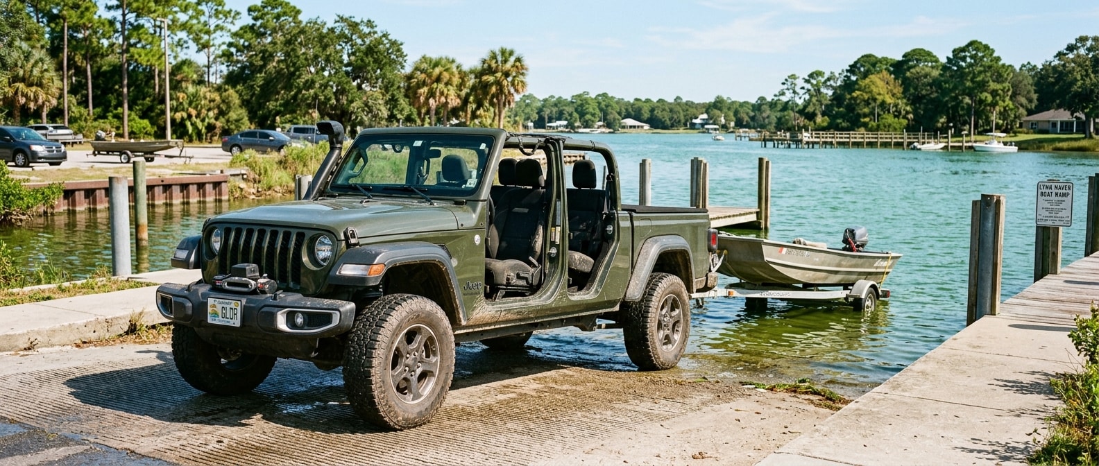 Used Jeep Gladiator without doors at a Lynn Haven, FL boat ramp on North Bay