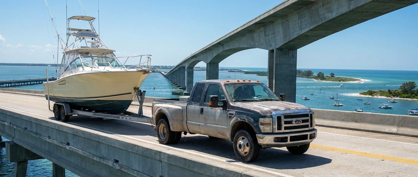 Used heavy-duty pickup truck towing a boat trailer across a high-rise bay bridge in Panama City, FL