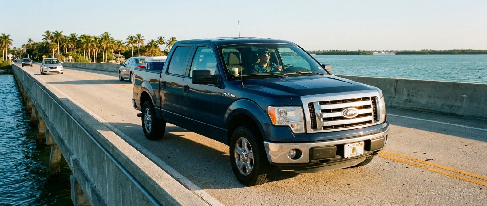 Used pickup truck driving across a coastal Florida bay bridge toward Panama City on a sunny morning