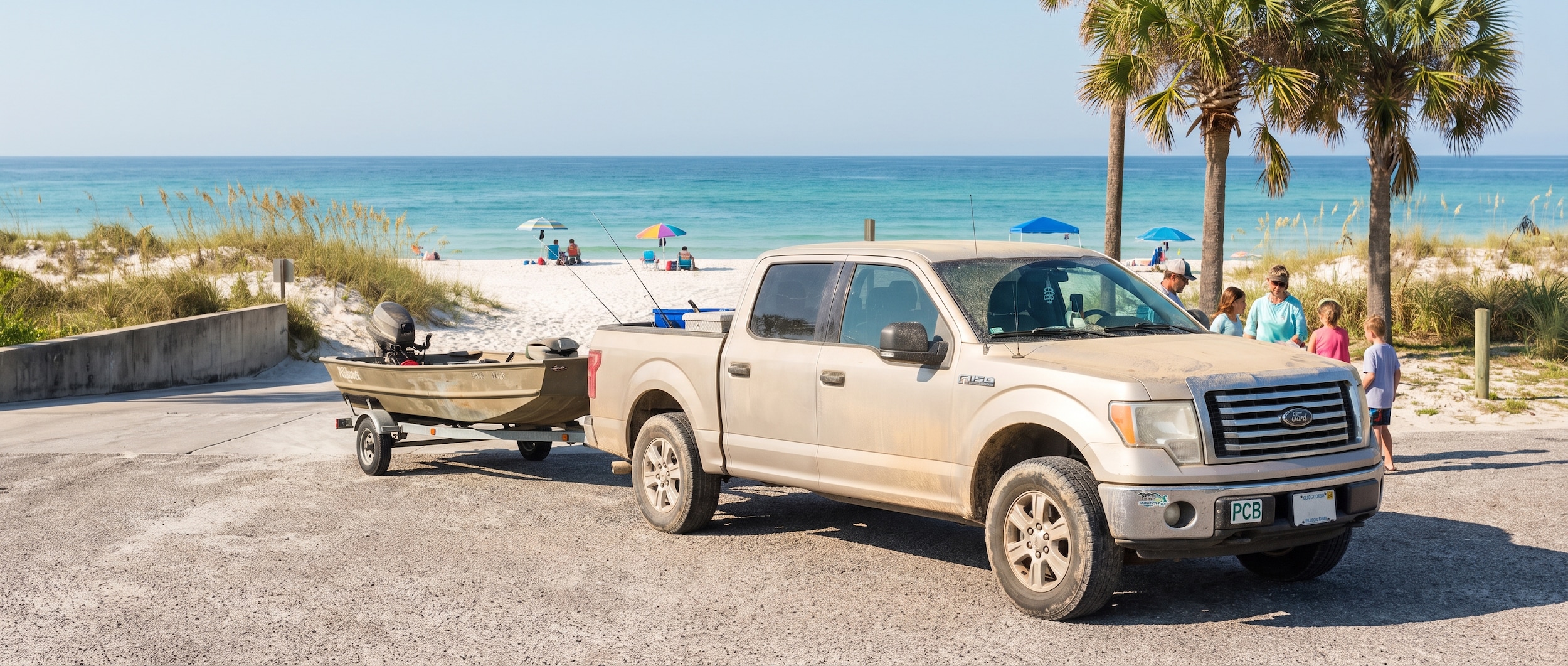 A used full-size crew cab pickup truck parked near a Gulf Coast boat ramp on a sunny Florida morning, with a Jon boat hitched to the trailer hitch and a sandy beach visible in the background, representing the Panama City Beach family truck lifestyle in 2026.
