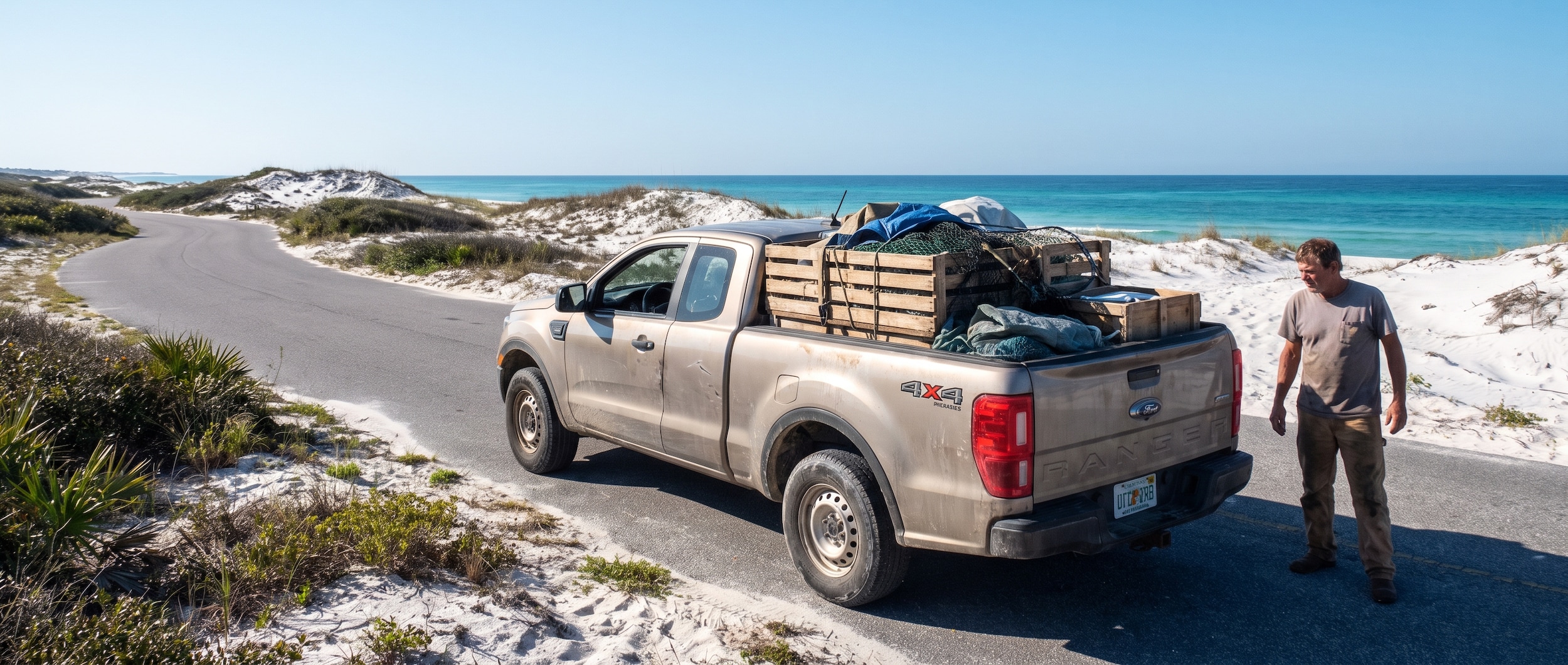 A used compact pickup truck loaded with supply crates parked along a narrow coastal road on a sunny Florida Panhandle summer morning, white sand dunes and Gulf-green water visible in the background, capturing the working-life character of the Cape San Blas peninsula.
