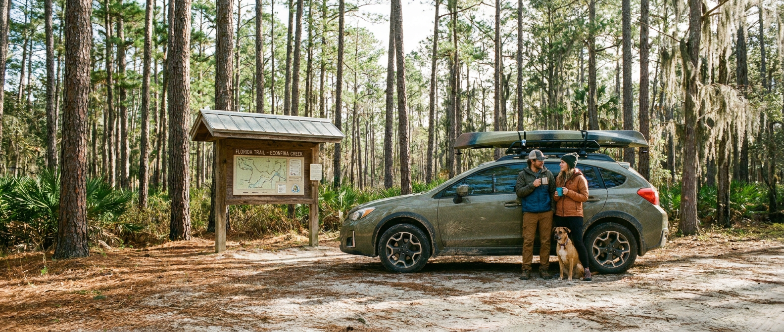 Budget used crossover SUV parked at Conservation Park trailhead in Panama City Beach, Florida on a fall morning