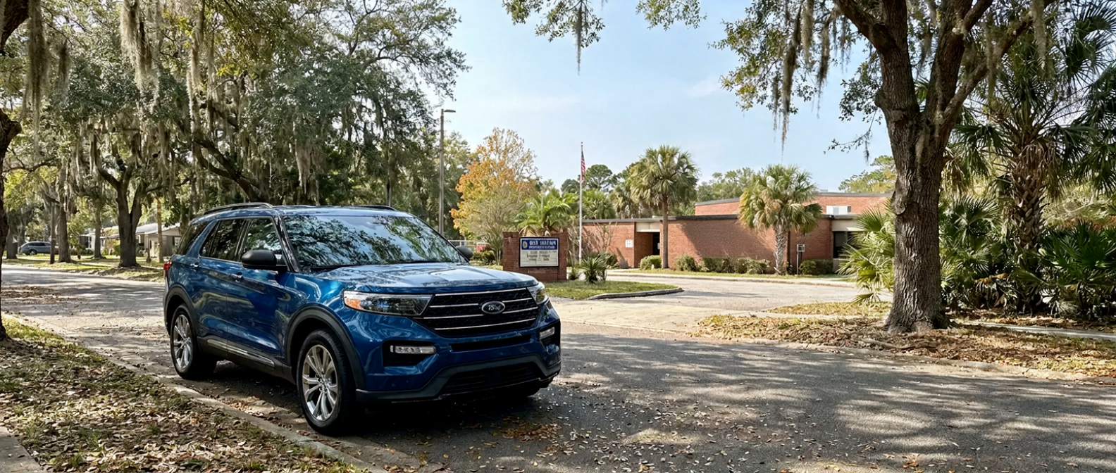 2026 Ford Explorer parked near a Panama City FL middle school on a sunny fall day