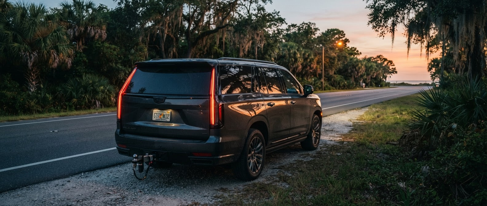 Used 2026-generation Cadillac Escalade on a Florida Panhandle road near Tyndall Parkway, Callaway FL, ready to tow a boat