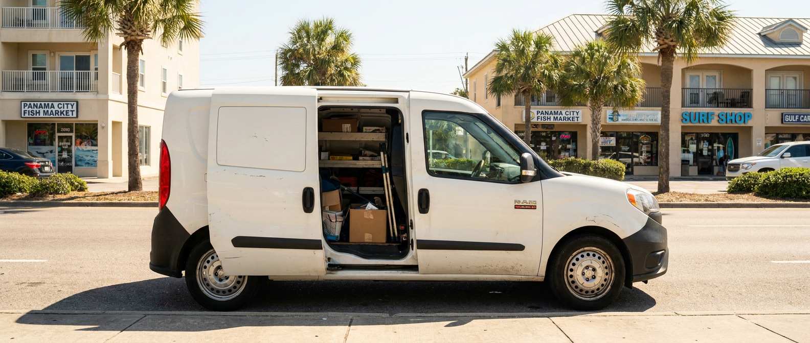 Used Ram ProMaster City cargo van on a Panama City, FL street, side door open, ready for a work day on W. 15th Street
