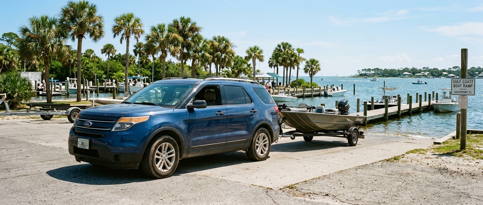 Used Ford Explorer parked at a Gulf Coast boat ramp near Southport FL