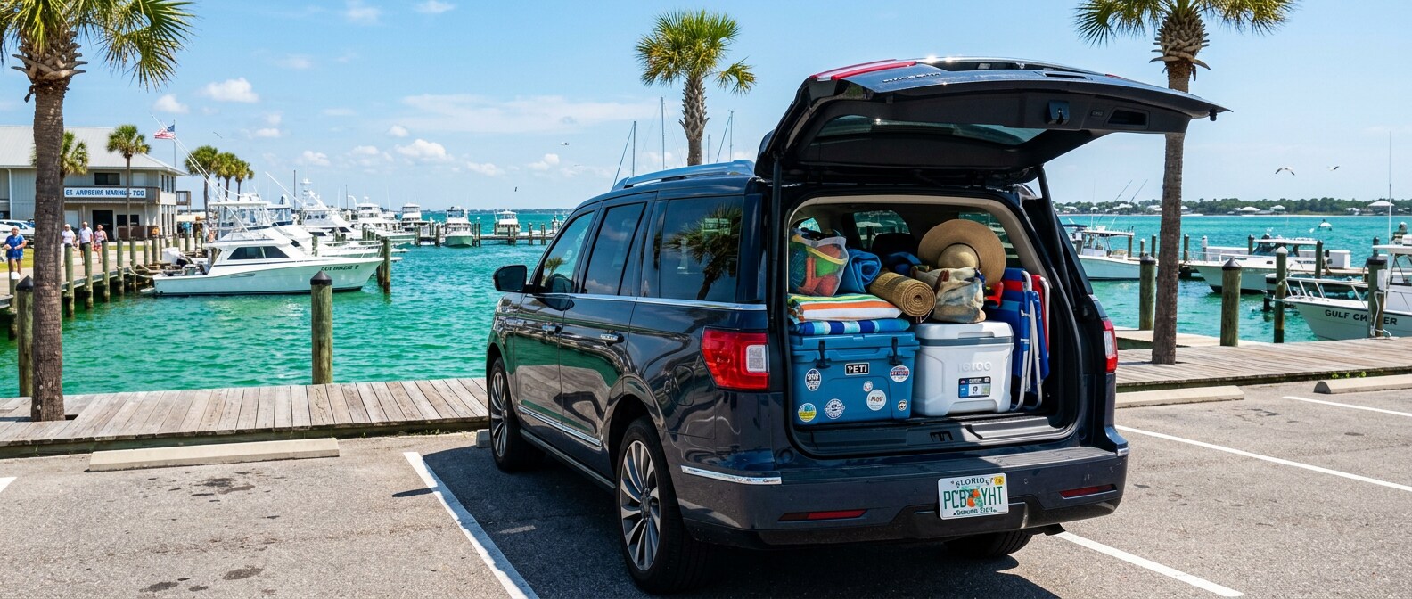 A used 2022 or 2023 Lincoln Navigator in dark navy exterior parked at a Florida coastal marina with emerald Gulf water visible in the background, rear liftgate open showing a loaded cargo area with coolers and beach gear, bright August sunshine, Panama City FL Gulf Coast setting