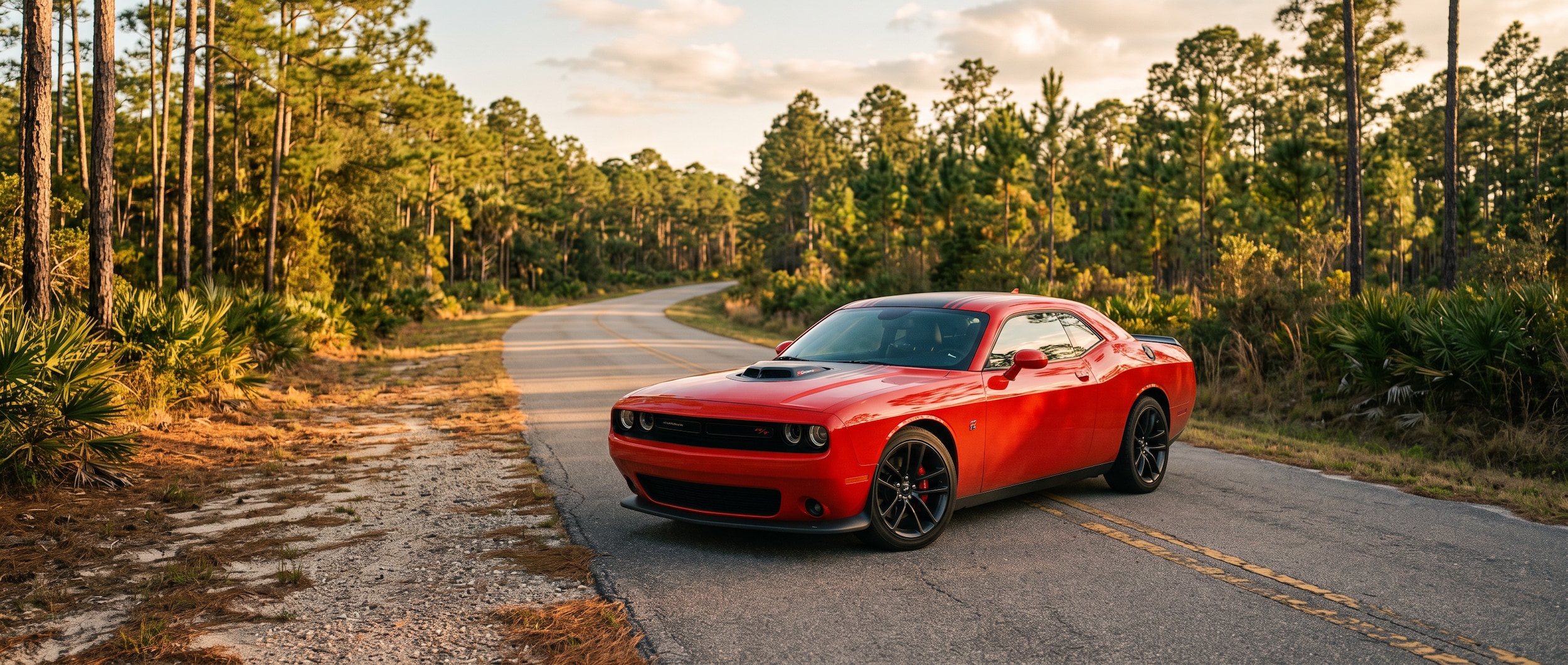 A used Dodge Challenger R/T in classic muscle car red parked on a rural Florida Panhandle pine-lined road in Bay County, late-afternoon golden sun, 2023 final model year feel.