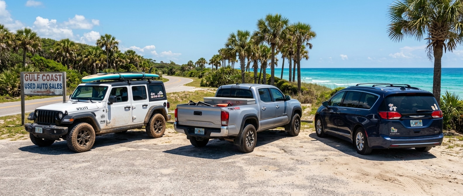 Used Jeep Wrangler, Toyota Tacoma, and Honda Odyssey on a sunny Gulf Coast lot near Panama City FL representing budget used vehicles for beach work and family life
