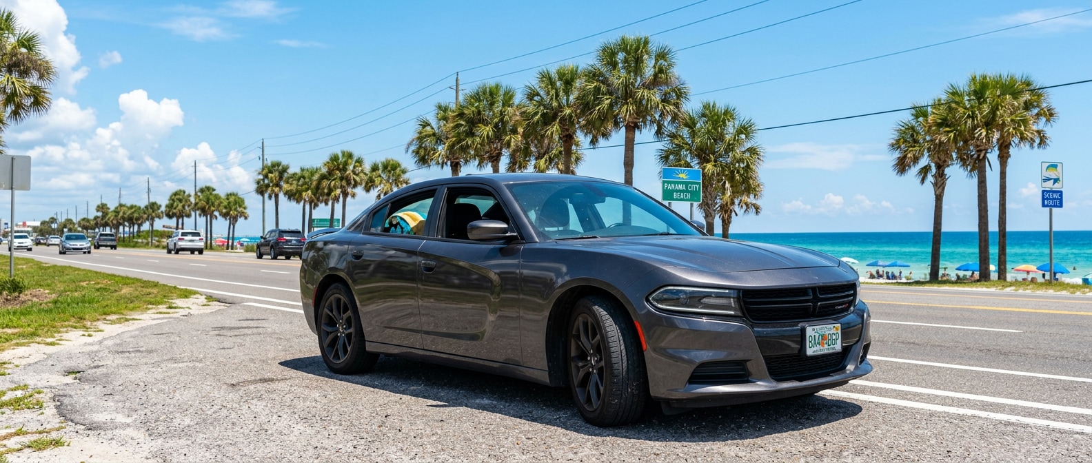 Used Dodge Charger on a Panama City FL coastal road near the Gulf, a used performance car suited for beach, work, and family life