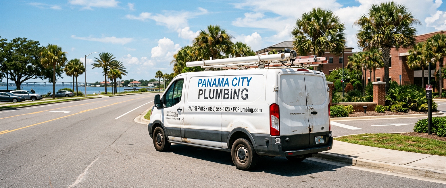 A used white cargo van parked on a sunny Florida Panhandle road near a college campus, palm trees and blue sky in the background, representing a small business work van in the Panama City, FL area, August 2026