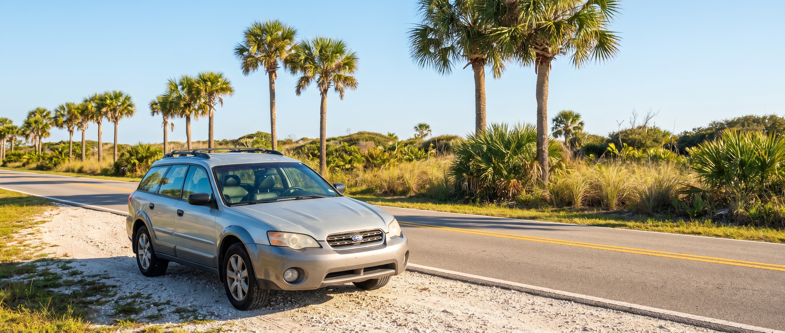 A used midsize family SUV in silver parked near a palm-lined stretch of US-98 in the Florida Panhandle on a sunny summer morning, with Gulf Coast vegetation visible in the background