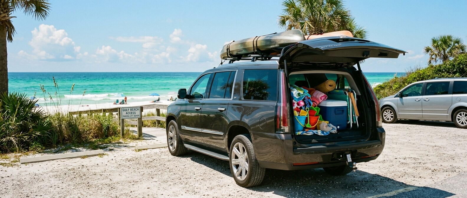 Used Cadillac Escalade parked at Panama City Beach Gulf Coast access with beach gear loaded in the cargo area