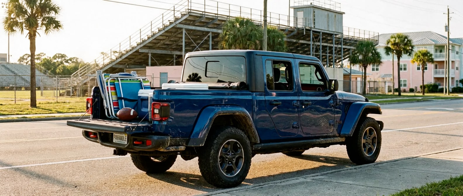 Used Jeep Gladiator parked near a stadium in Panama City, FL with tailgate open on a sunny afternoon