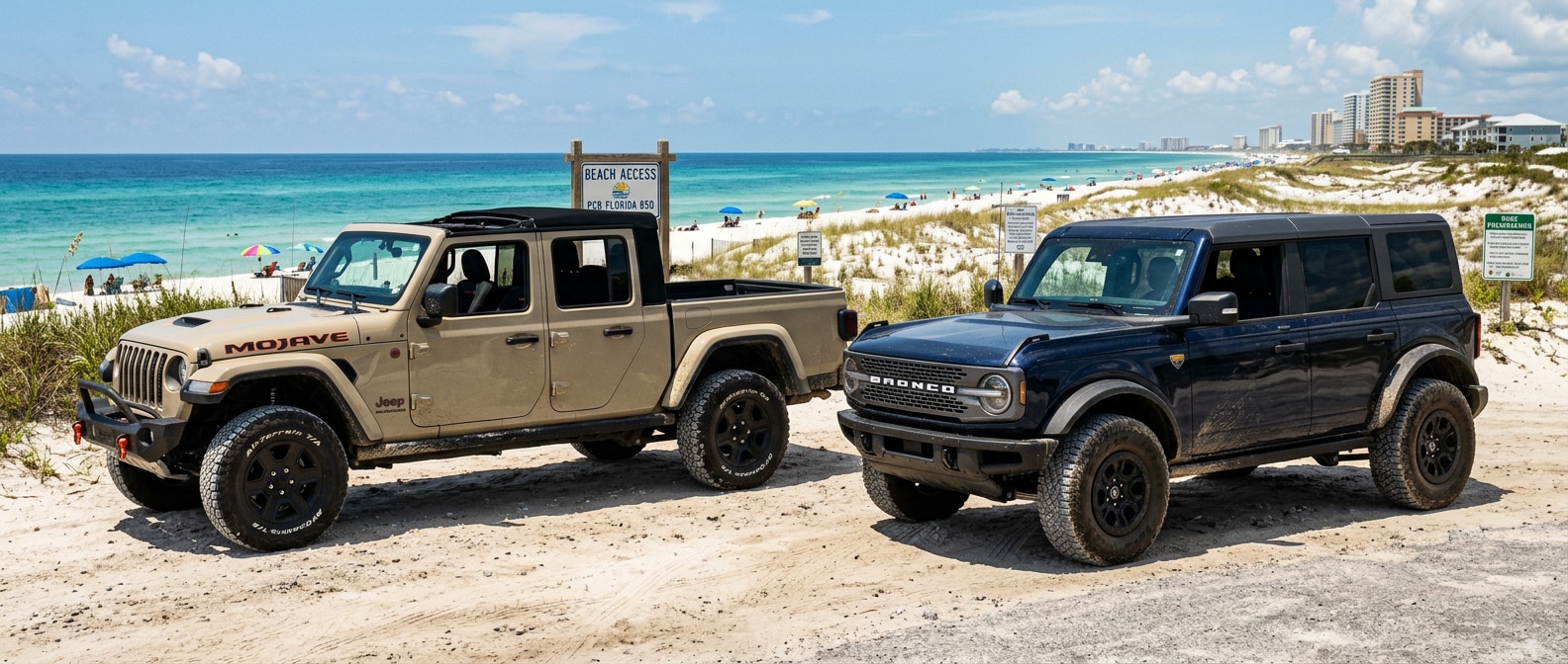 Side-by-side view of a used Jeep Gladiator (2023 model year, sandy tan exterior) and a used Ford Bronco (2023 model year, deep blue) parked on a sandy Gulf Coast beach access road in Panama City Beach, Florida, with sugar-white dunes and Gulf water visible in the background, bright August sun overhead.