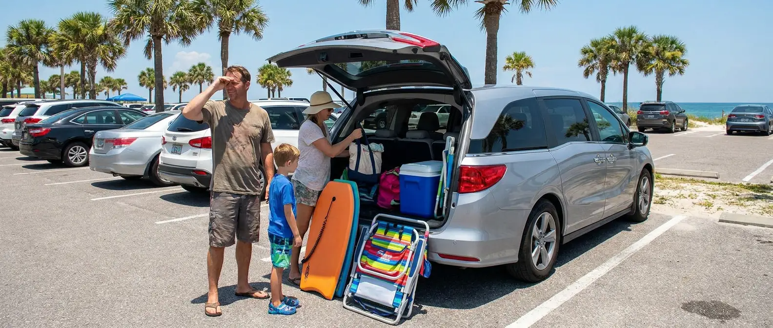 Used family minivan loaded for a Panama City Beach day trip on a sunny Gulf Coast afternoon
