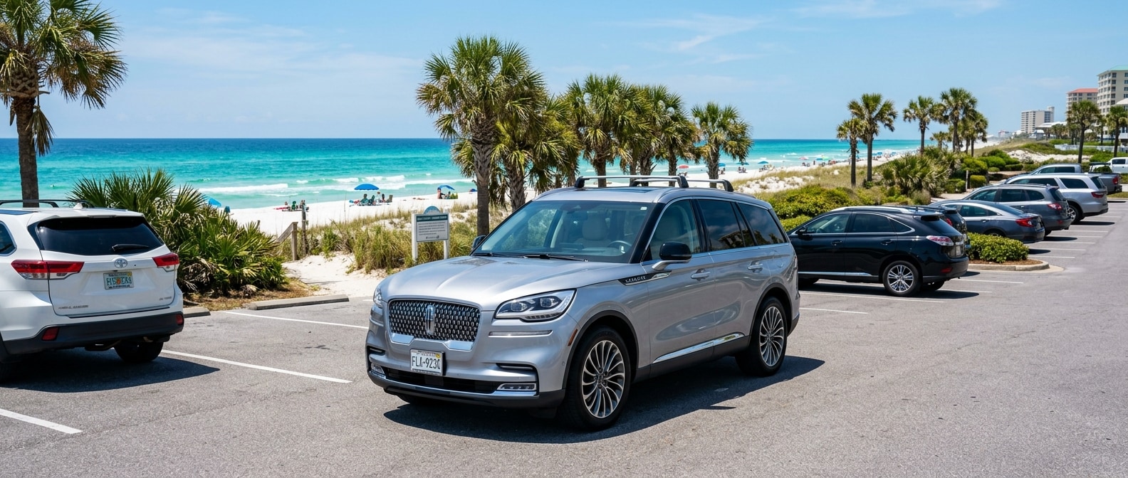 Used luxury SUV in a sunny Gulf Coast parking lot near Panama City Beach, Florida, loaded for a Shell Island day trip