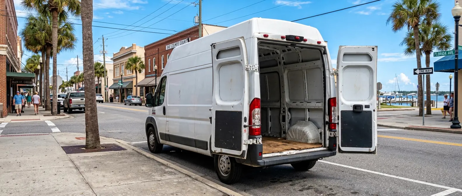 Used Ram ProMaster 2500 high-roof cargo van in downtown Panama City FL serving local school-service businesses
