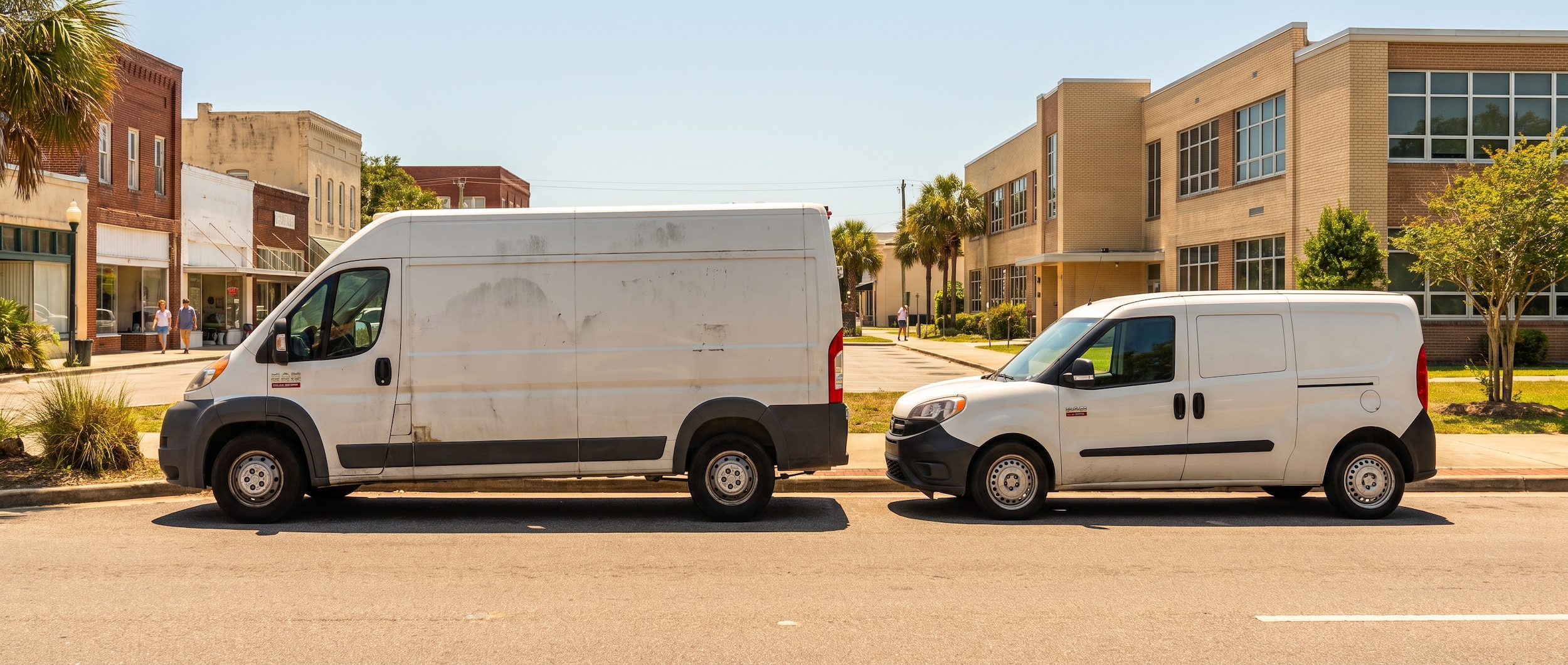 Two used Ram cargo vans parked side by side in a Florida urban setting -- a full-size white Ram ProMaster 3500 high-roof van and a compact Ram ProMaster City van -- on a sunny day in a commercial district, reflecting the Gulf Coast light, with a school and storefronts in the background suggesting a downtown Panama City environment
