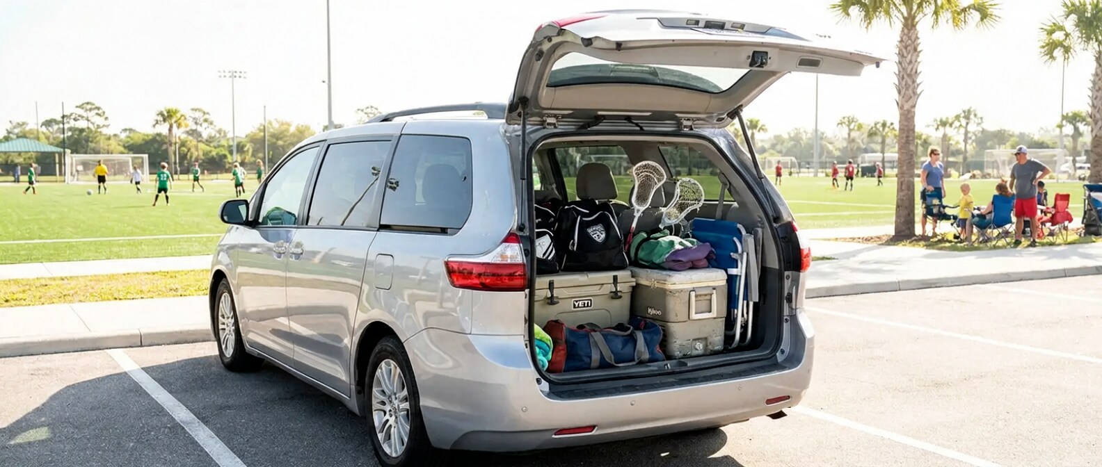 Used family vehicle with open rear hatch parked at an outdoor sports complex in Panama City Beach, Florida in summer 2026