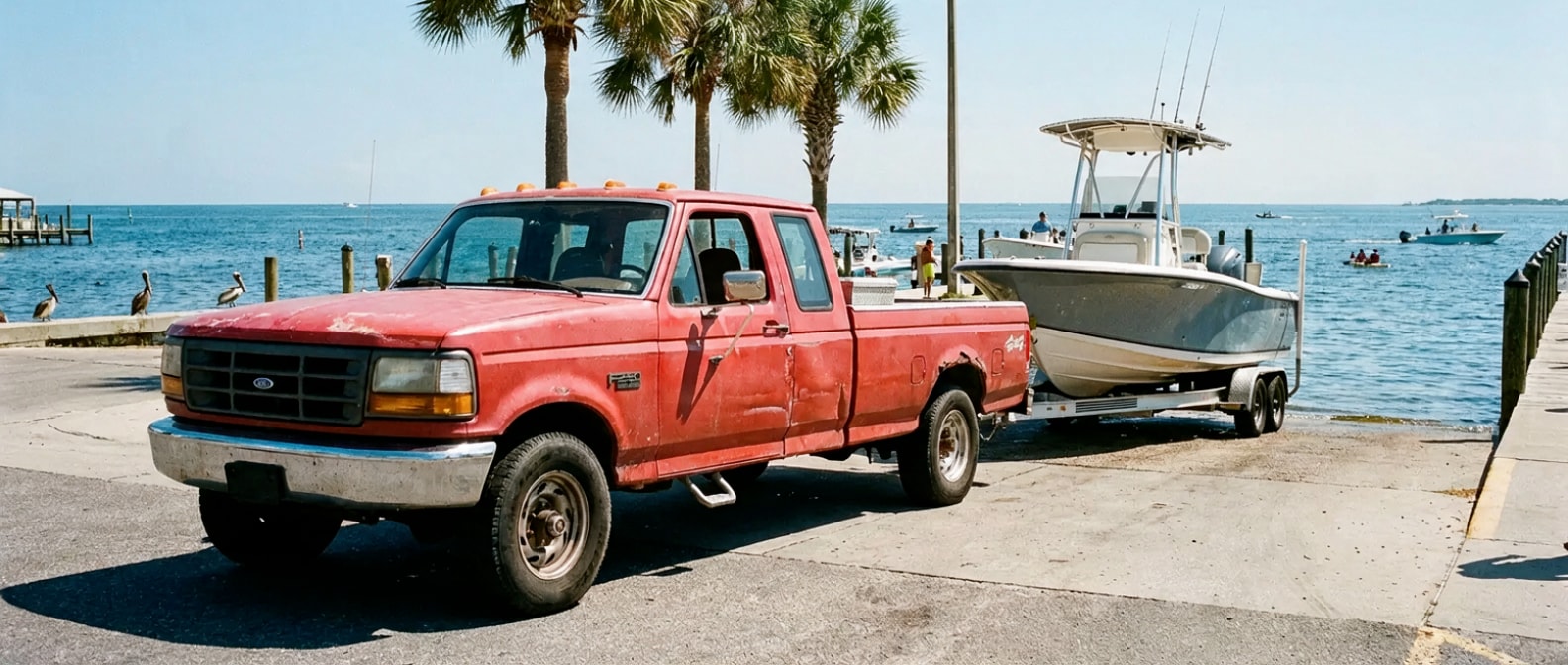 Used heavy-duty pickup truck pulling a boat trailer at a Panama City FL boat ramp on a sunny summer day