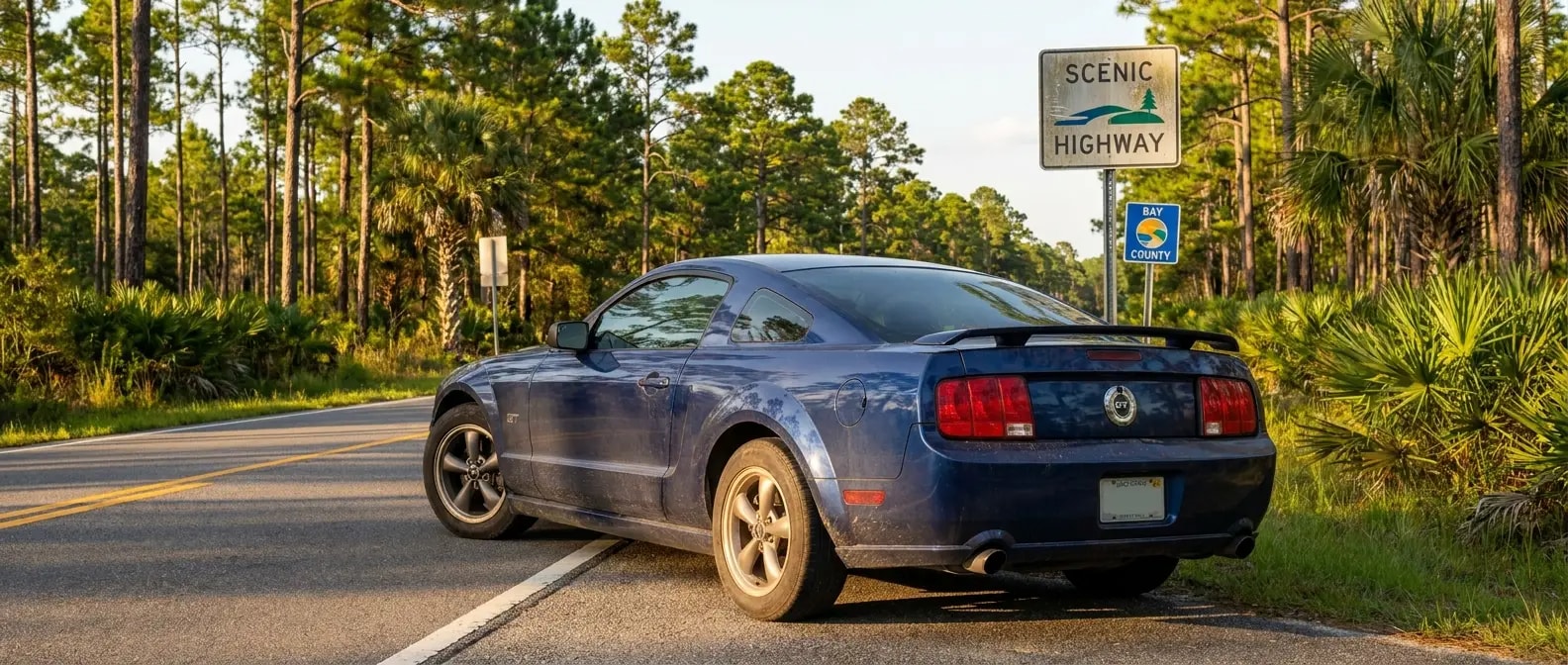 Used Ford Mustang GT on a flat Florida Panhandle county road near Panama City
