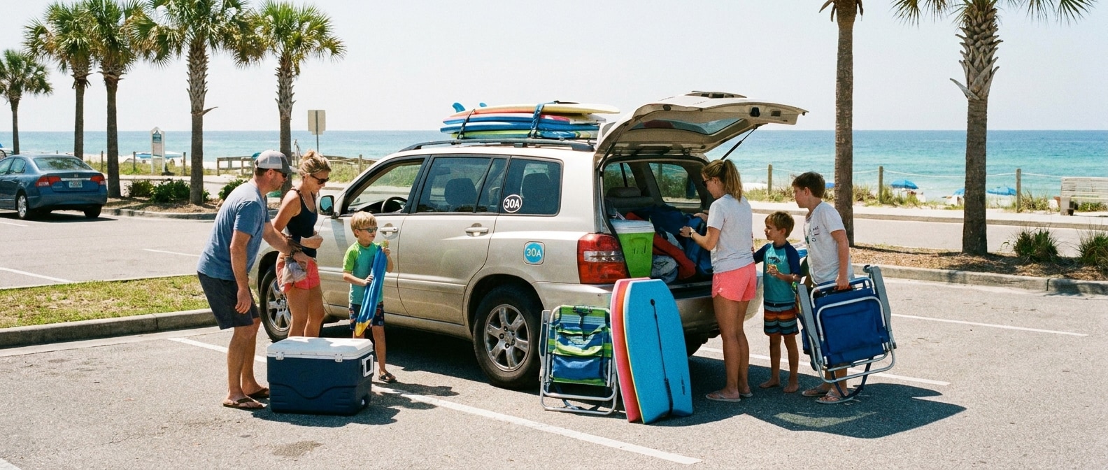 Family loading a used three-row SUV near the Gulf Coast in Bay County, Florida, summer 2026