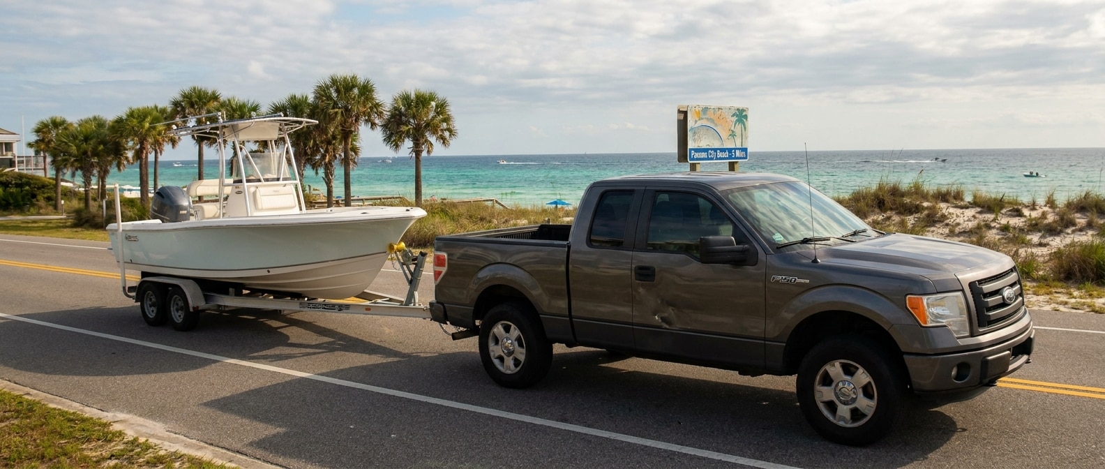 Used Ford F-150 towing a boat trailer near Panama City Beach FL on a sunny October day