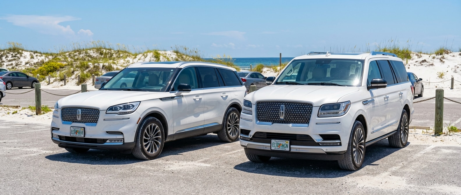 Used Lincoln Navigator and Aviator side by side near a 30A beach access parking area in the Florida Panhandle