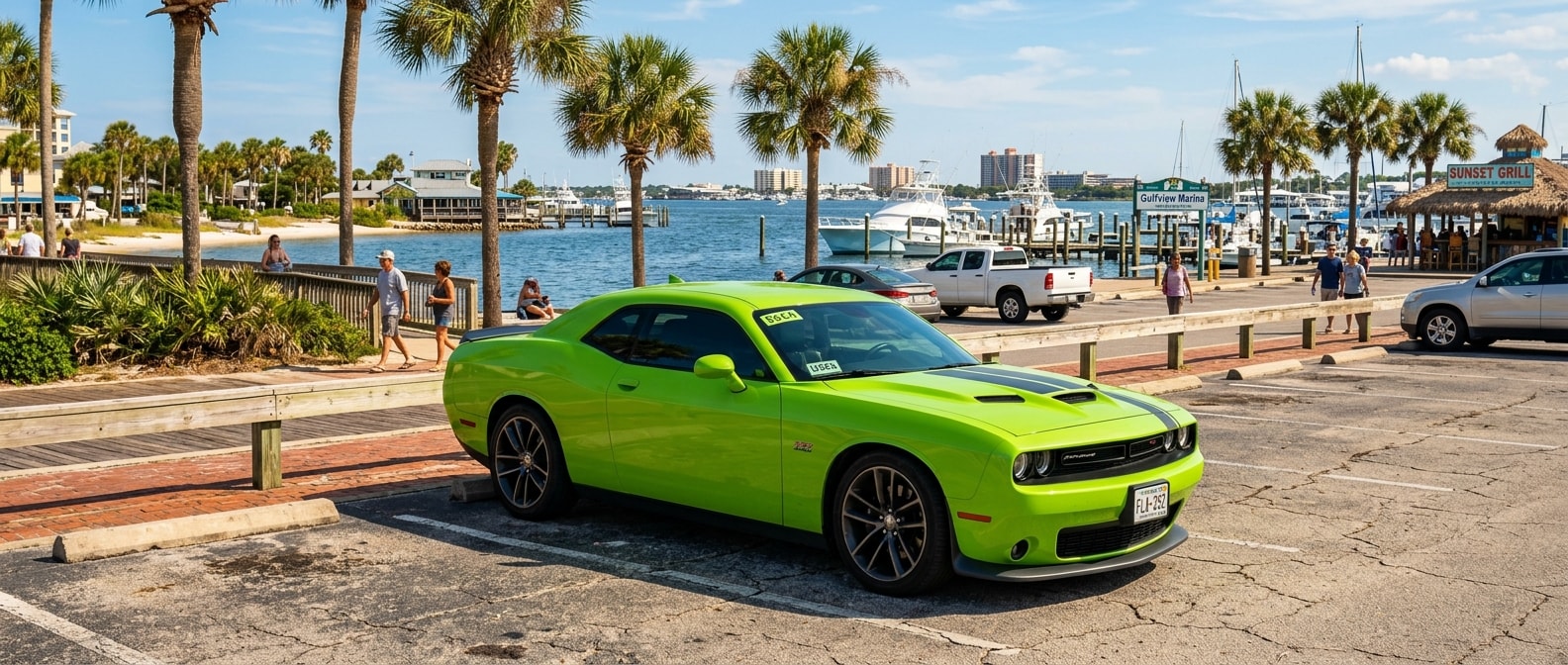Used Dodge Challenger coupe parked near the Gulf Coast waterfront in Panama City, FL