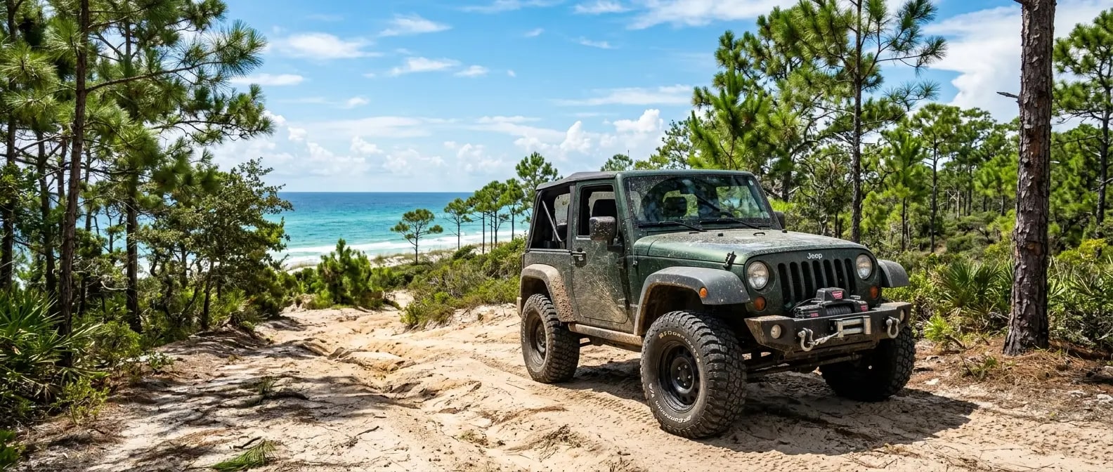 Used Jeep Wrangler on a sandy trail near Panama City Beach Conservation Park, Panama City Beach FL