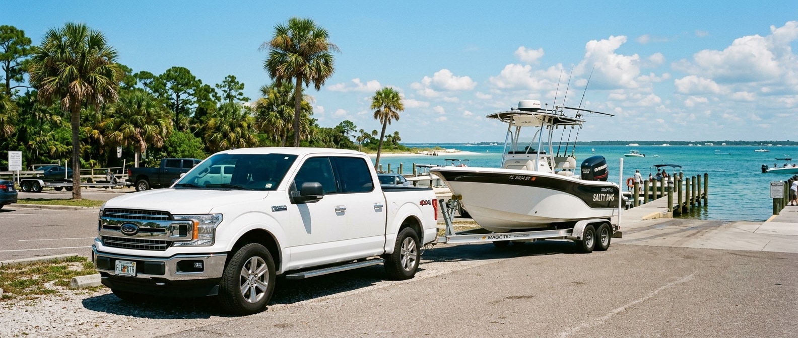 Used 2020 Ford F-150 crew cab towing a boat near St. Andrews State Park, Panama City, FL