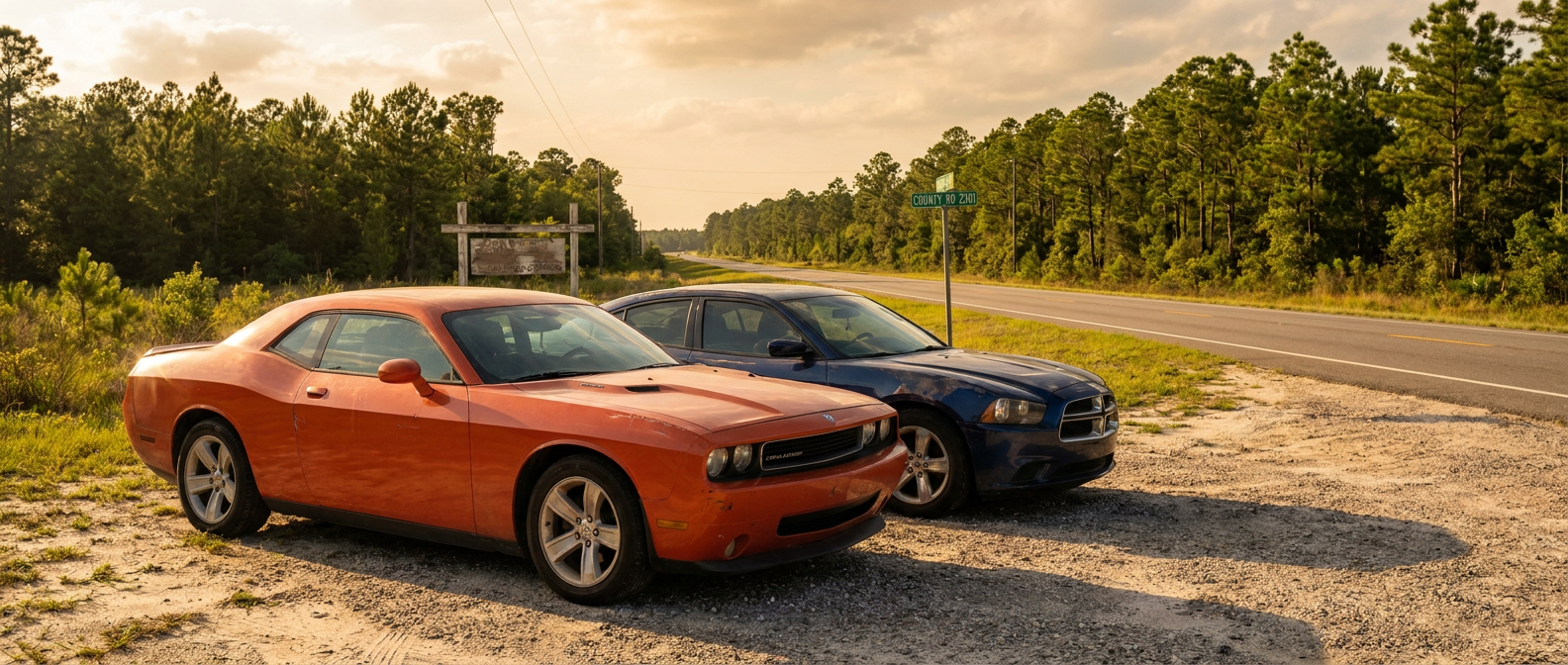 Used Dodge Challenger coupe and Dodge Charger sedan side by side in northern Bay County, Florida Panhandle