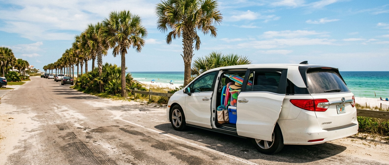 A used Honda Odyssey minivan (2018-2022 model) with its rear sliding door open and beach gear loaded inside, parked on a sunny Florida Gulf Coast road lined with palm trees, evoking a summer Panama City beach-day trip.