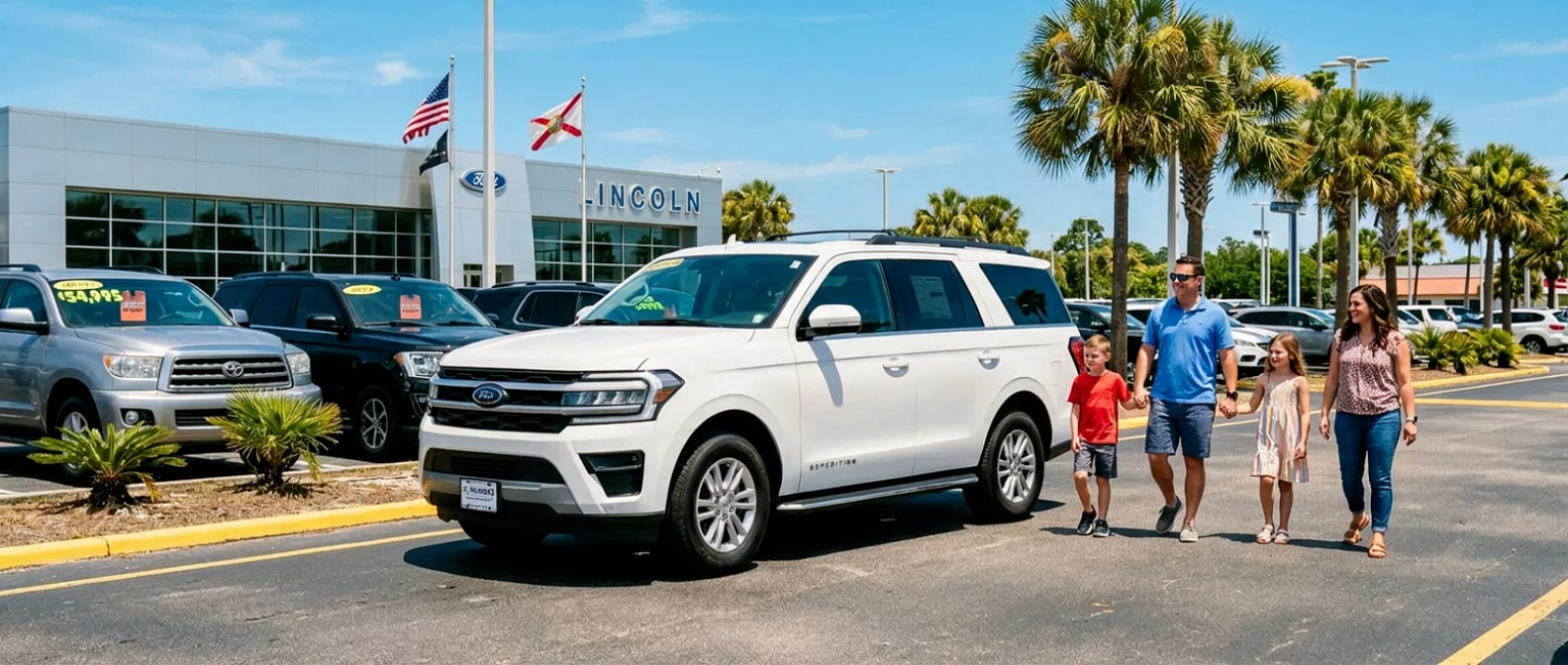 Family approaching a used three-row SUV at a Florida Panhandle used car dealership on a sunny afternoon