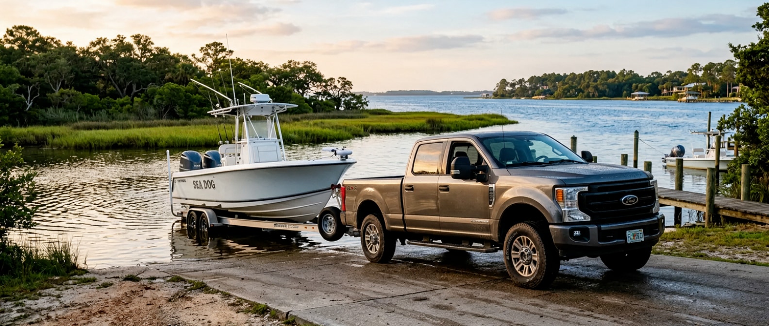 2026 Ford F-350 Super Duty Crew Cab towing a boat at the Grand Lagoon boat ramp near Thomas Drive, Panama City Beach