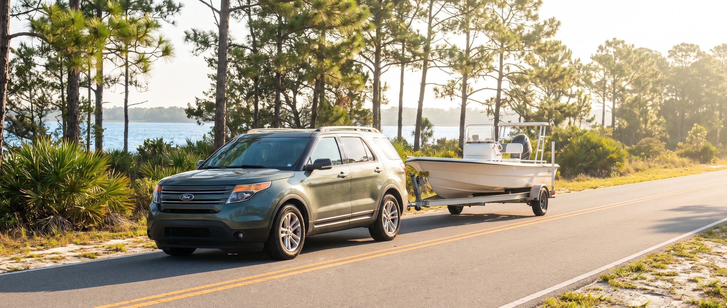 A used mid-size SUV pulling a boat trailer on a sun-drenched Florida Panhandle road lined with pine trees and glimpses of blue water, summer morning light, Bay County coastal setting