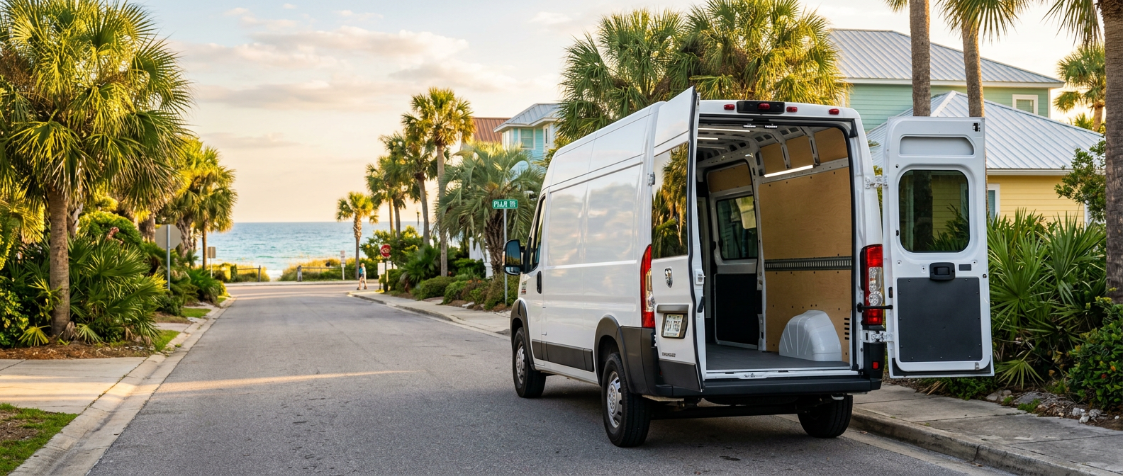 Used Ram ProMaster 3500 cargo van with open rear doors on a Florida Panhandle street near Seaside