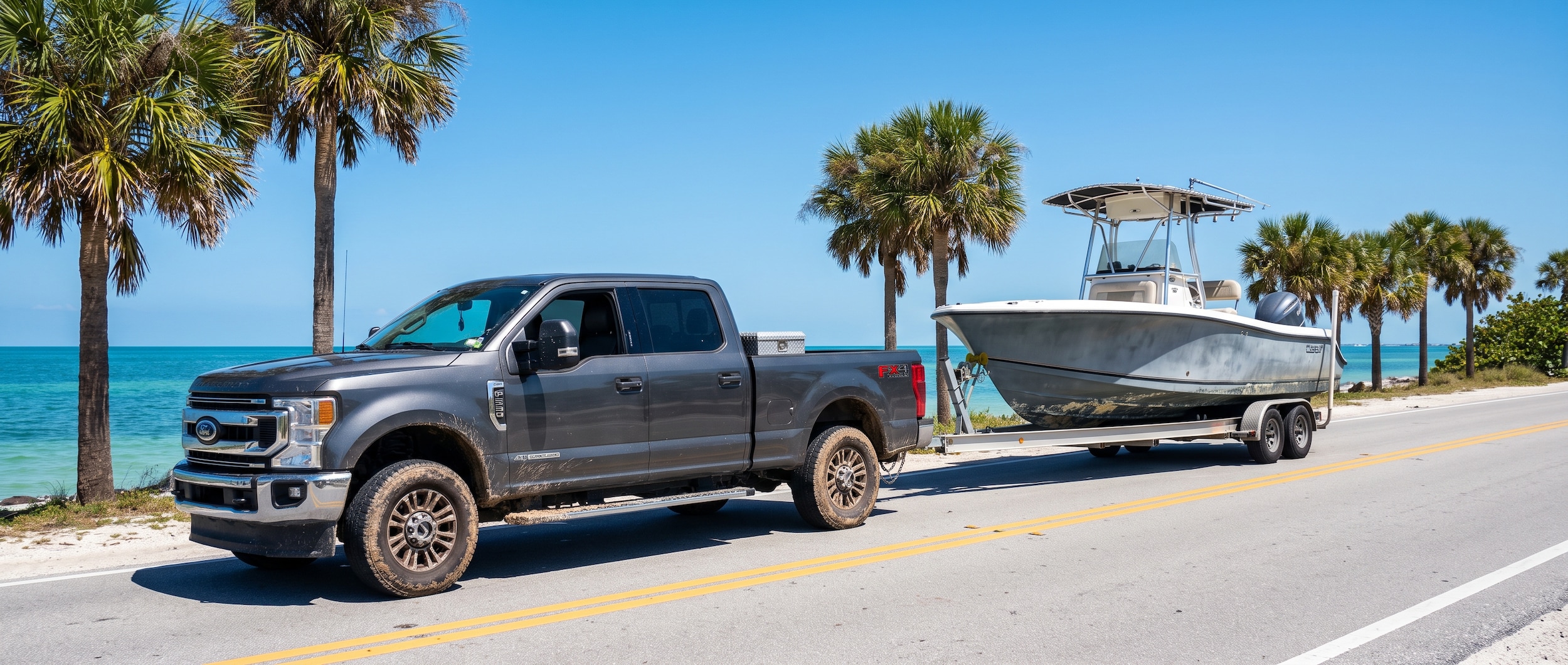 A used heavy-duty pickup truck towing a boat trailer on a Florida coastal road near emerald-green water, photographed in summer daylight with palm trees and clear blue sky, conveying Gulf Coast adventure readiness