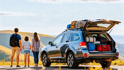 A family of three standing beside their packed car, looking out at a scenic vista