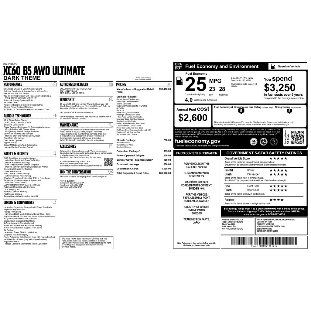 Certified 2024 Volvo XC60 B5 Ultimate Dark Theme SUV