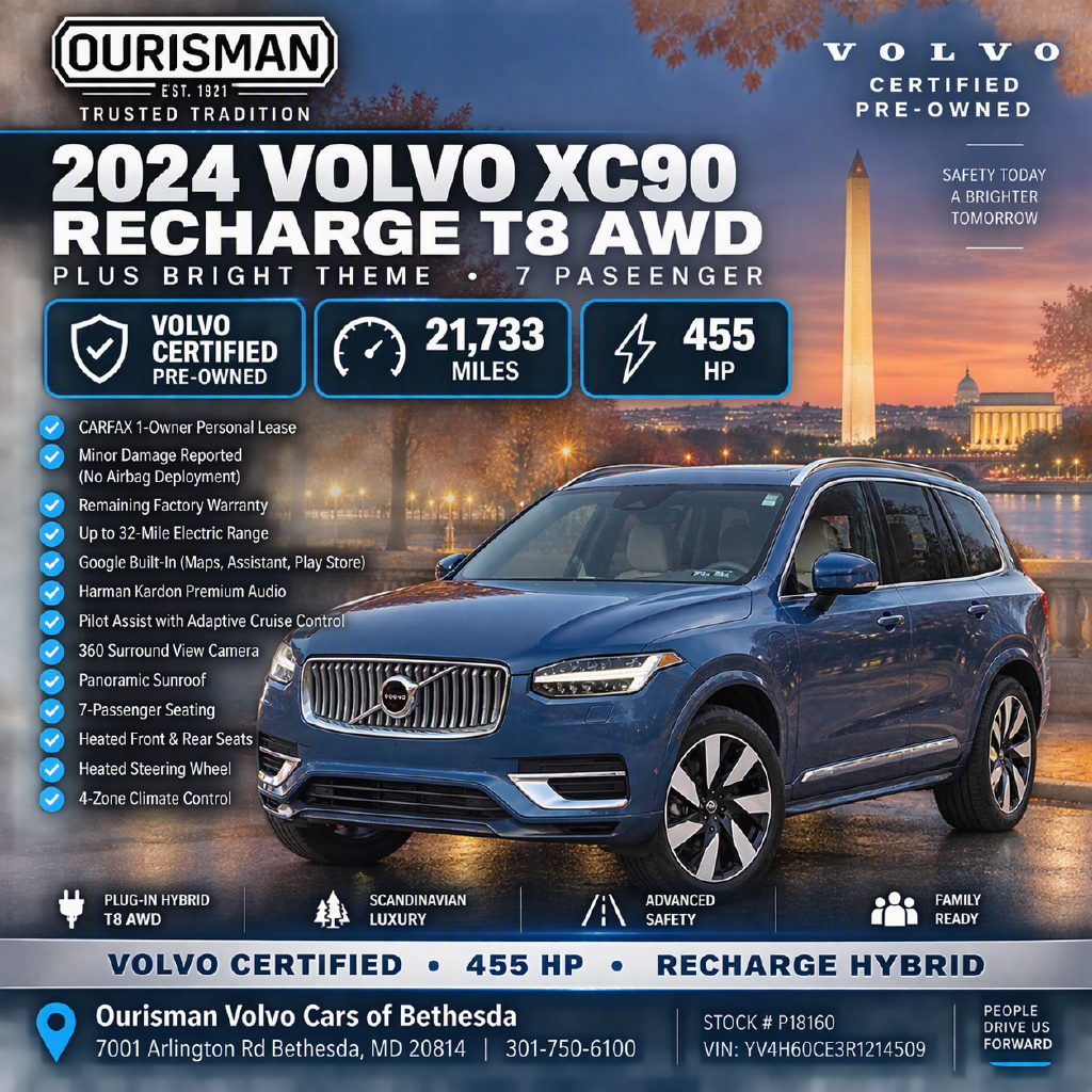 Certified 2024 Volvo XC90 Recharge Plug-In Hybrid T8 Plus Bright Theme 7 Passenger SUV