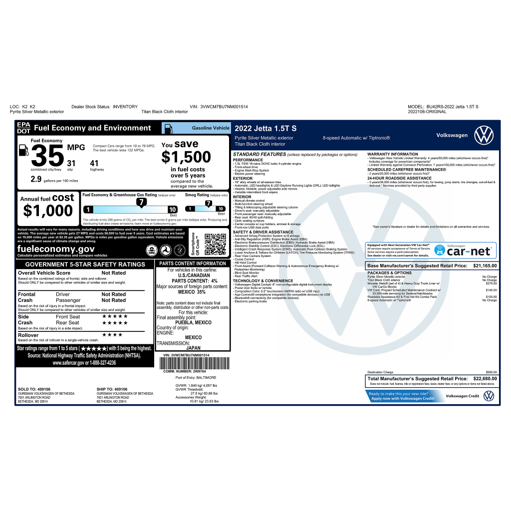 Certified 2022 Volkswagen Jetta 1.5T S Sedan