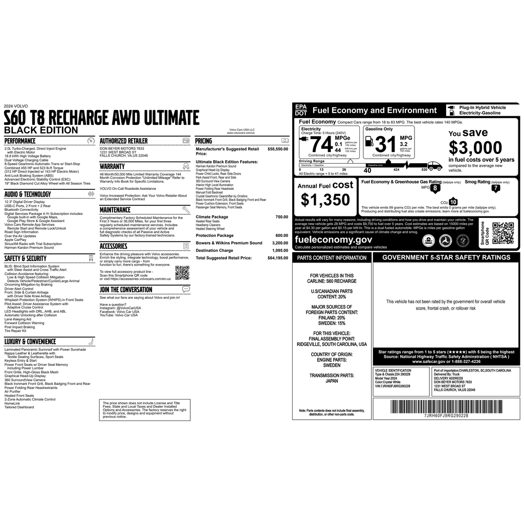 Certified 2024 Volvo S60 Recharge Plug-In Hybrid Ultimate Sedan