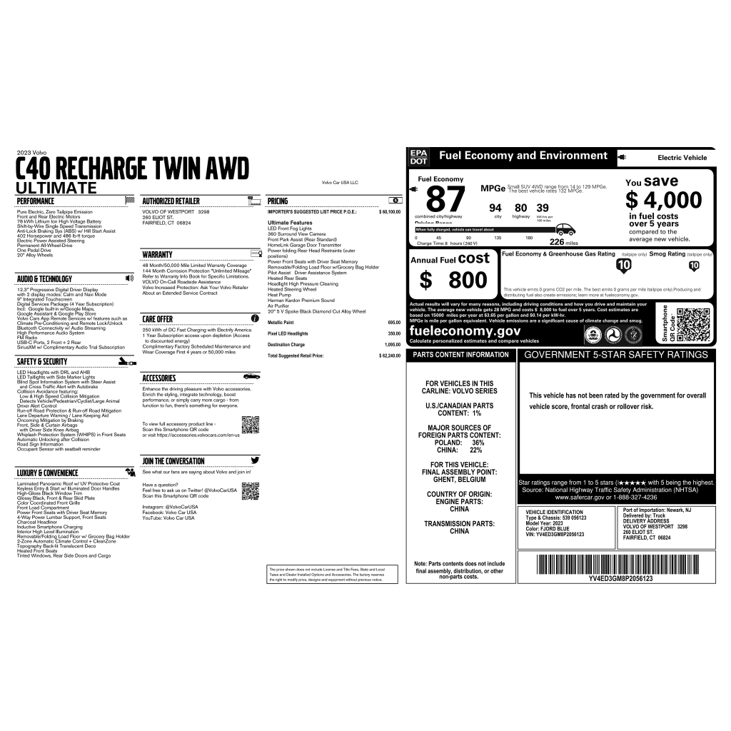 Certified 2023 Volvo C40 Recharge Pure Electric Ultimate SUV